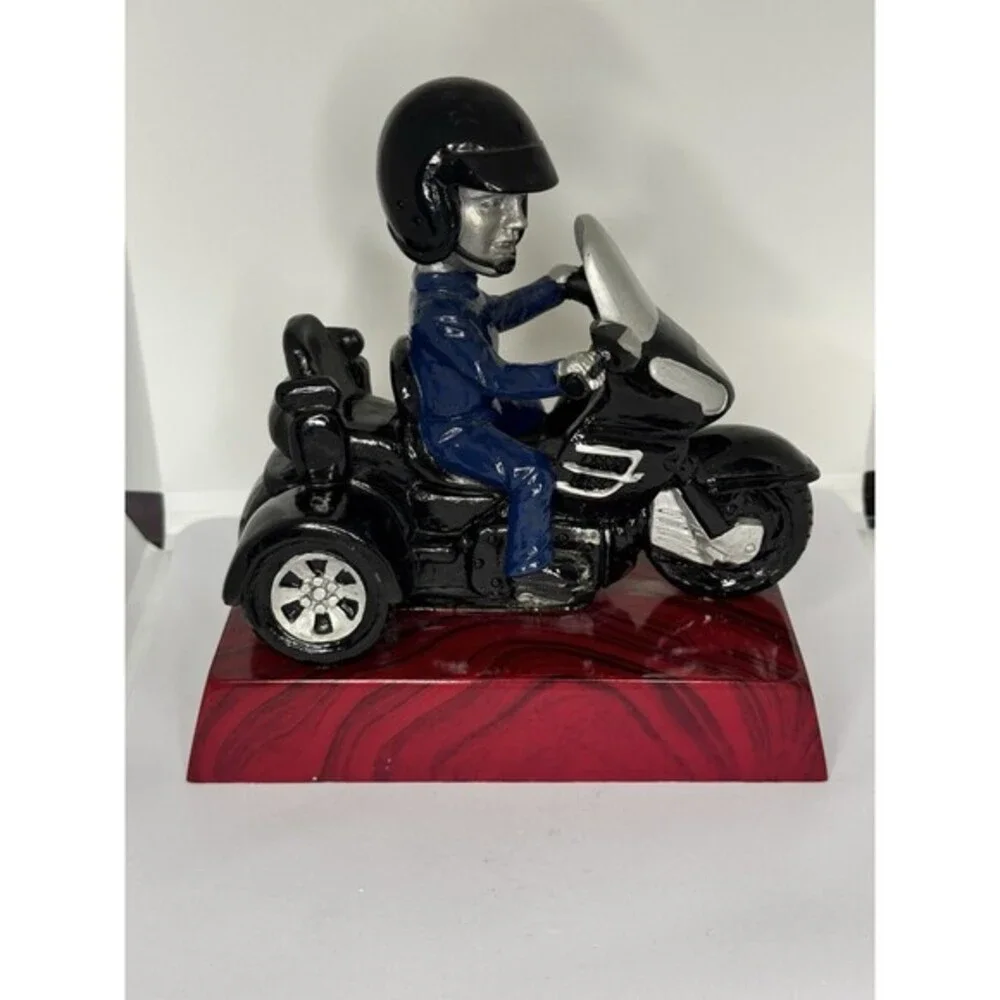 Motorcycle Trike Bobblehead Figurine Rider In Blue Suit On Red Base